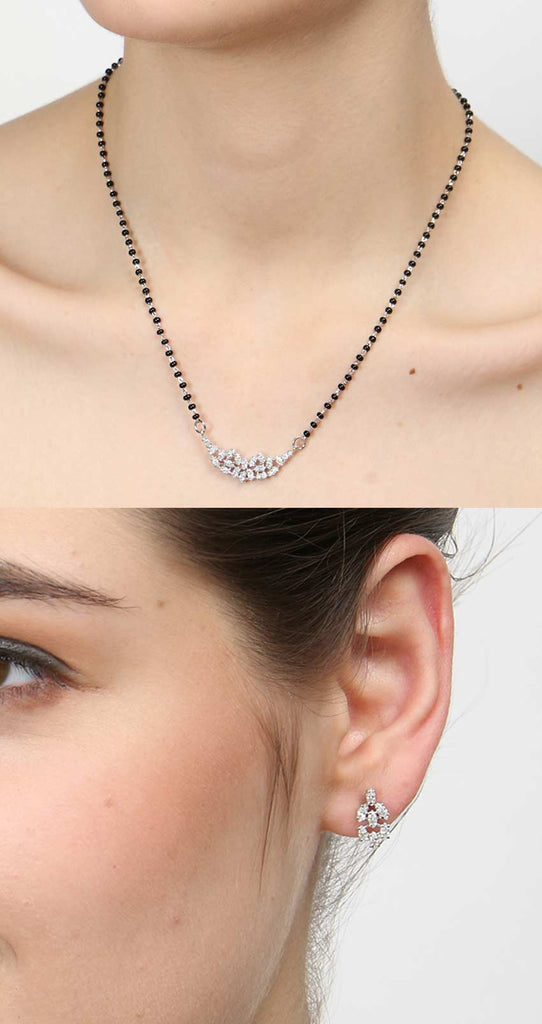 CLARA 925 Sterling Silver Daisy Mangalsutra Tanmaniya Pendant Earring Jewellery Set with Chain Gift for Women and Girls