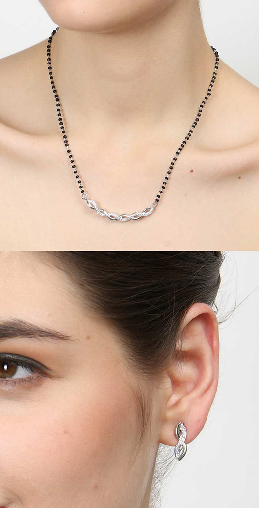 CLARA 925 Sterling Silver Twist Mangalsutra Tanmaniya Pendant Earring Jewellery Set with Chain Gift for Women and Girls