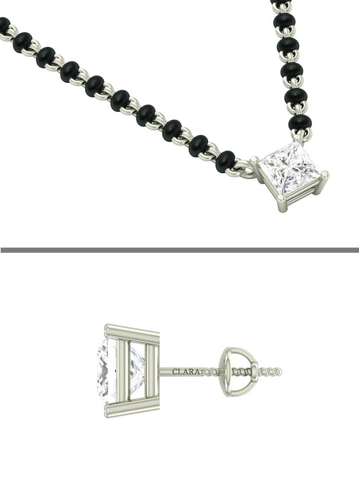 CLARA 925 Sterling Silver Square Mangalsutra Tanmaniya Pendant Earring Jewellery Set with Chain Gift for Women and Girls