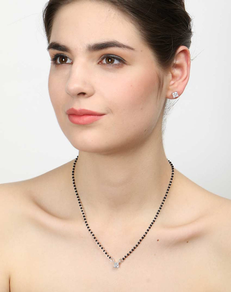 CLARA 925 Sterling Silver Square Mangalsutra Tanmaniya Pendant Earring Jewellery Set with Chain Gift for Women and Girls