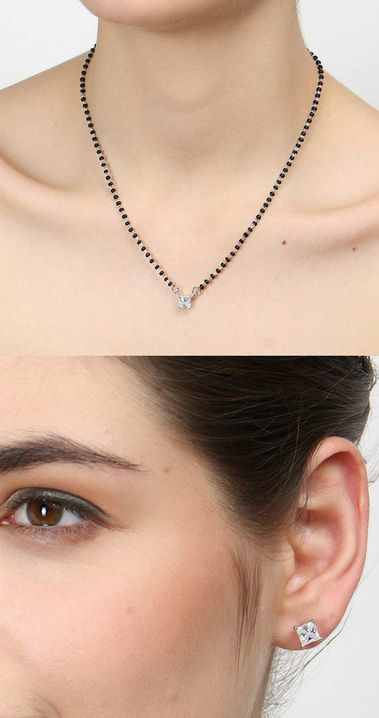 CLARA 925 Sterling Silver Square Mangalsutra Tanmaniya Pendant Earring Jewellery Set with Chain Gift for Women and Girls