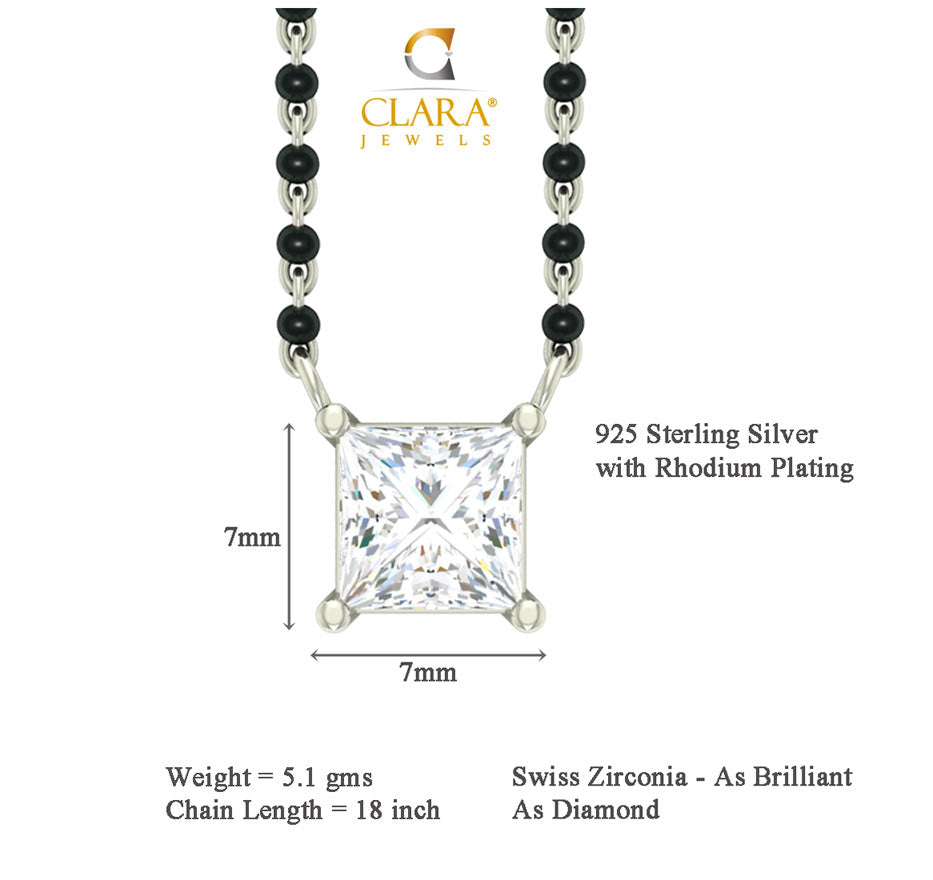 CLARA 925 Sterling Silver Square Mangalsutra Tanmaniya Pendant Earring Jewellery Set with Chain Gift for Women and Girls