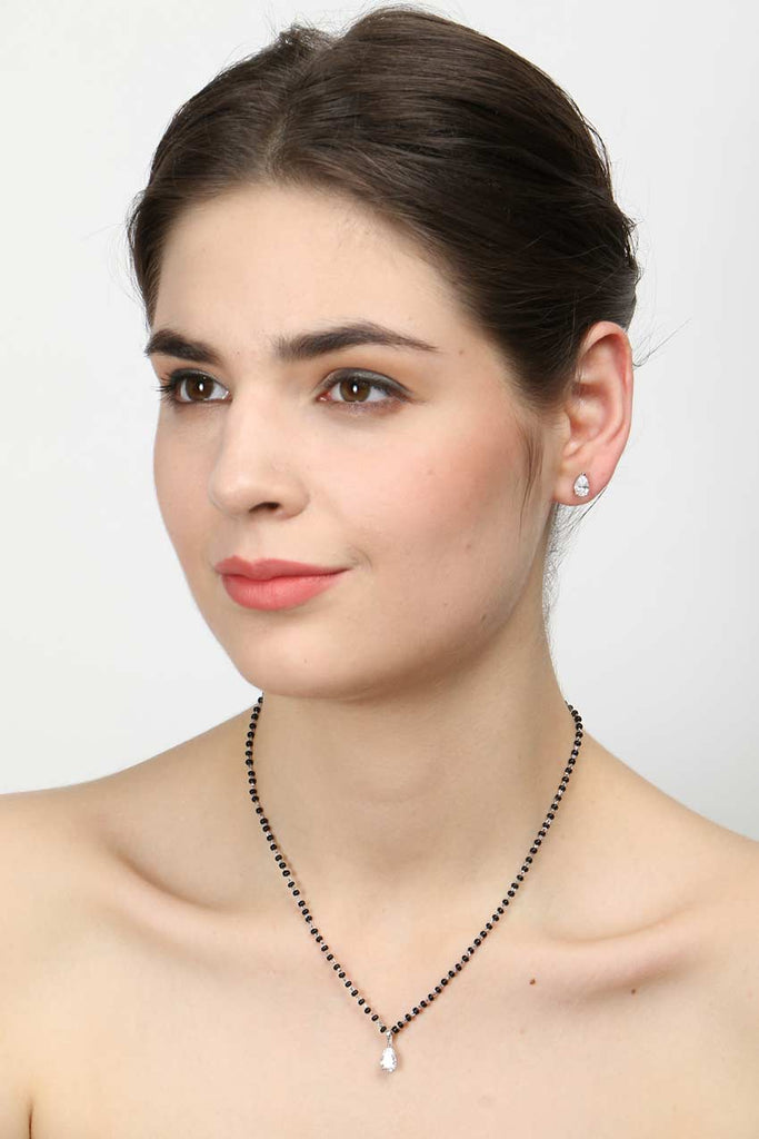 CLARA 925 Sterling Silver Pear Mangalsutra Tanmaniya Pendant Earring Jewellery Set with Chain Gift for Women and Girls