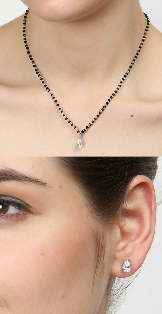 CLARA 925 Sterling Silver Pear Mangalsutra Tanmaniya Pendant Earring Jewellery Set with Chain Gift for Women and Girls