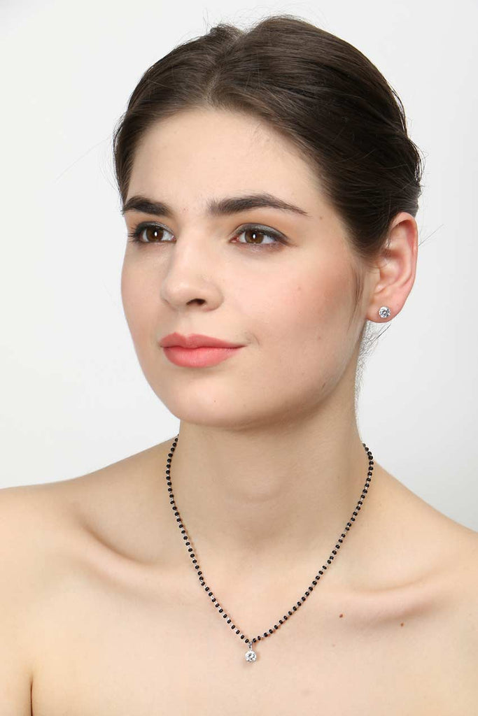 CLARA 925 Sterling Silver Round Mangalsutra Tanmaniya Pendant Earring Jewellery Set with Chain Gift for Women and Girls