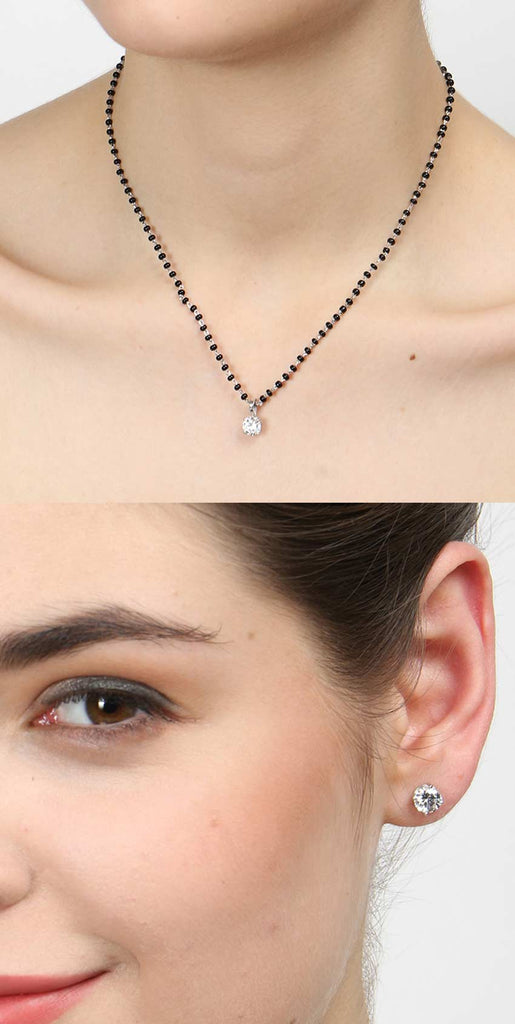 CLARA 925 Sterling Silver Round Mangalsutra Tanmaniya Pendant Earring Jewellery Set with Chain Gift for Women and Girls