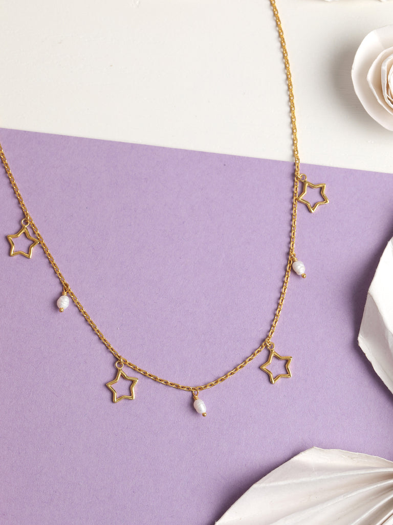 CLARA 925 Sterling Silver Star & Pearl Charm Necklace Chain