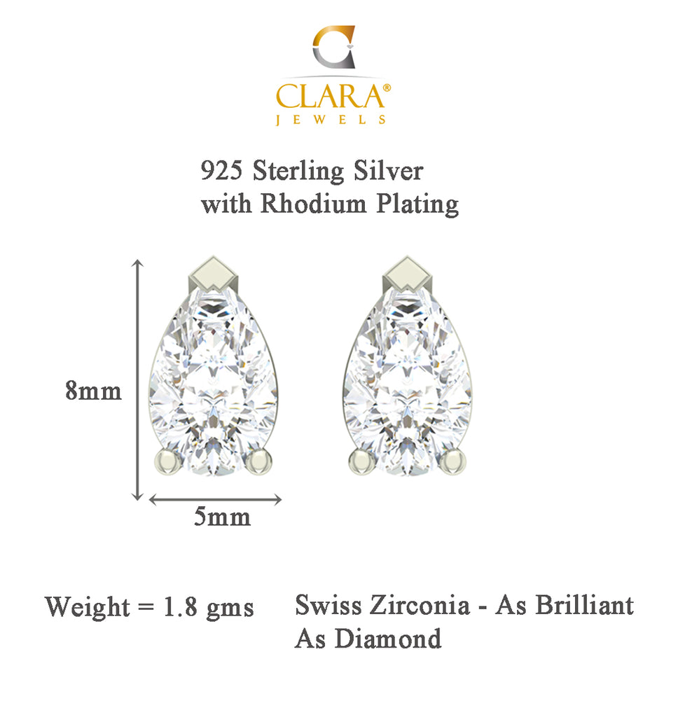 CLARA 925 Sterling Silver Swiss Zirconia Pear Earring With Screw Back Gift for Women and Girls