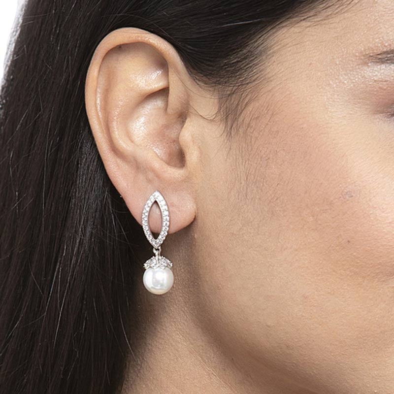 CLARA 925 Sterling Silver Pearl Akari Earrings Rhodium Plated, Swiss Zirconia , Screw Back | Gift for Women & Girls