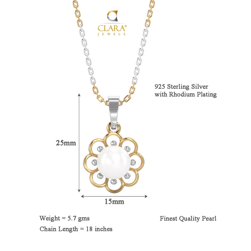 CLARA 925 Sterling Silver Pearl Lotus Pendant With Chain Necklace | Gold Rhodium Plated | Gift for Women & Girls