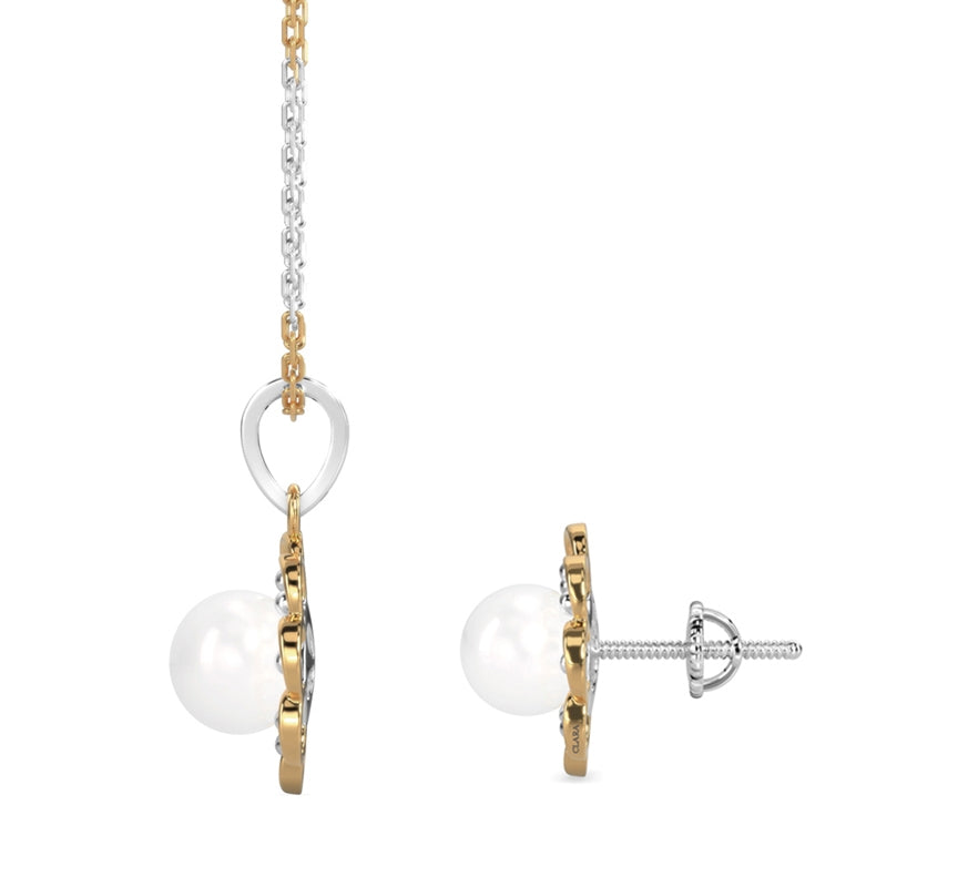 CLARA 925 Sterling Silver Pearl Lotus Pendant Earring Chain Jewellery Set | Gold Rhodium Plated | Gift for Women & Girls