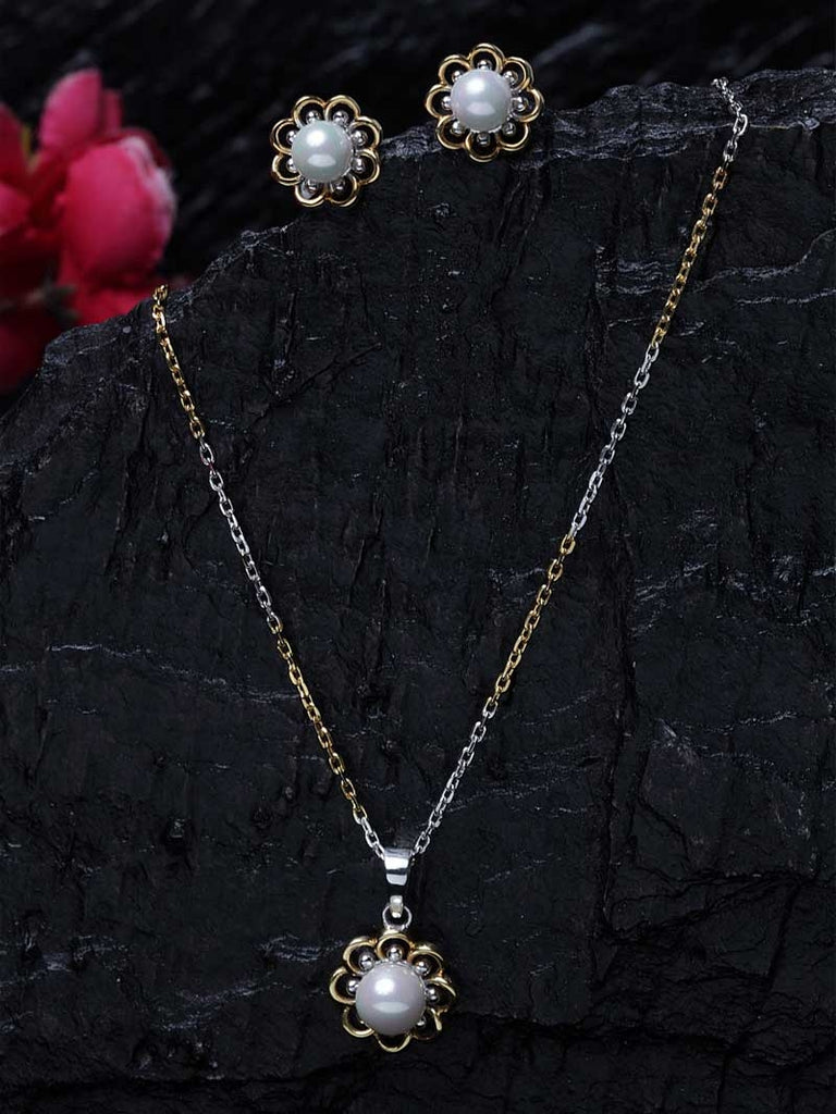 CLARA 925 Sterling Silver Pearl Lotus Pendant Earring Chain Jewellery Set | Gold Rhodium Plated | Gift for Women & Girls