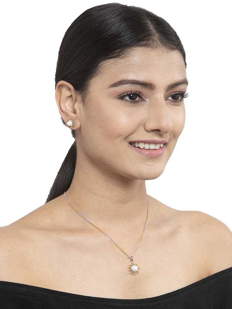 CLARA 925 Sterling Silver Pearl Lotus Pendant Earring Chain Jewellery Set | Gold Rhodium Plated | Gift for Women & Girls