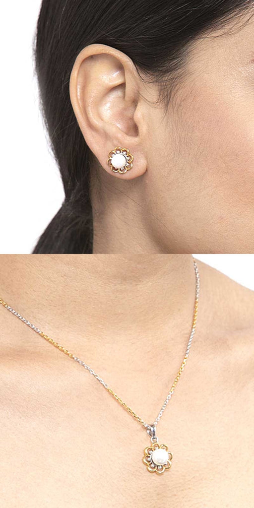 CLARA 925 Sterling Silver Pearl Lotus Pendant Earring Chain Jewellery Set | Gold Rhodium Plated | Gift for Women & Girls