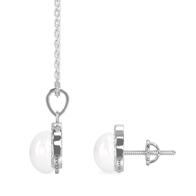 CLARA 925 Sterling Silver Real Pearl Riko Pendant Earring Chain Jewellery Set | Rhodium Plated, Swiss Zirconia | Gift for Women & Girls