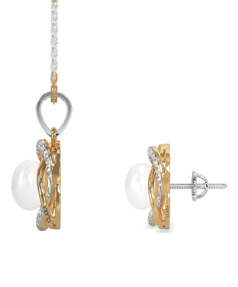 CLARA 925 Sterling Silver Real Pearl Knot Pendant Earring Chain Jewellery Set | Gold Rhodium Plated | Gift for Women & Girls