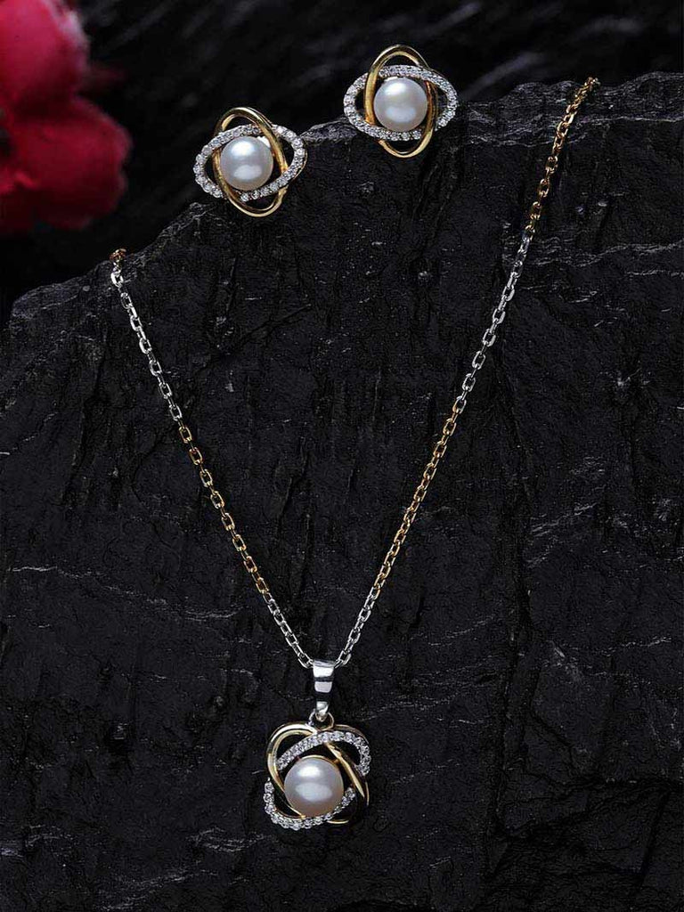 CLARA 925 Sterling Silver Real Pearl Knot Pendant Earring Chain Jewellery Set | Gold Rhodium Plated | Gift for Women & Girls