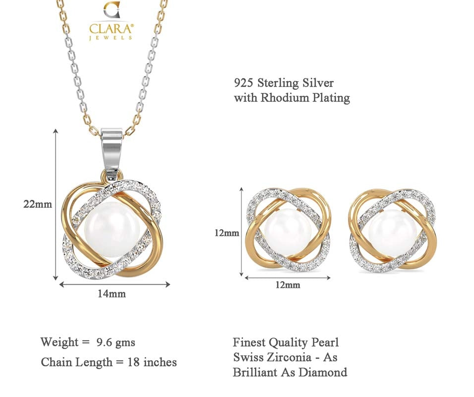 CLARA 925 Sterling Silver Real Pearl Knot Pendant Earring Chain Jewellery Set | Gold Rhodium Plated | Gift for Women & Girls