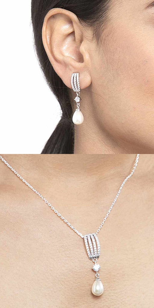 CLARA 925 Sterling Silver Pearl Queen Pendant Earring Chain Jewellery Set | Rhodium Plated, Swiss Zirconia | Gift for Women & Girls