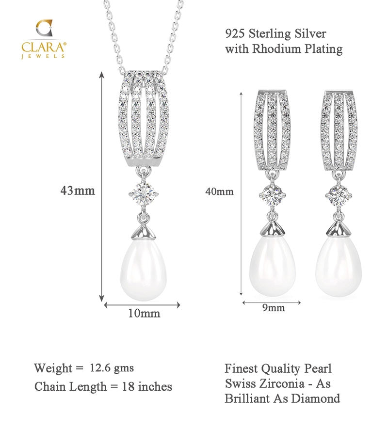CLARA 925 Sterling Silver Pearl Queen Pendant Earring Chain Jewellery Set | Rhodium Plated, Swiss Zirconia | Gift for Women & Girls