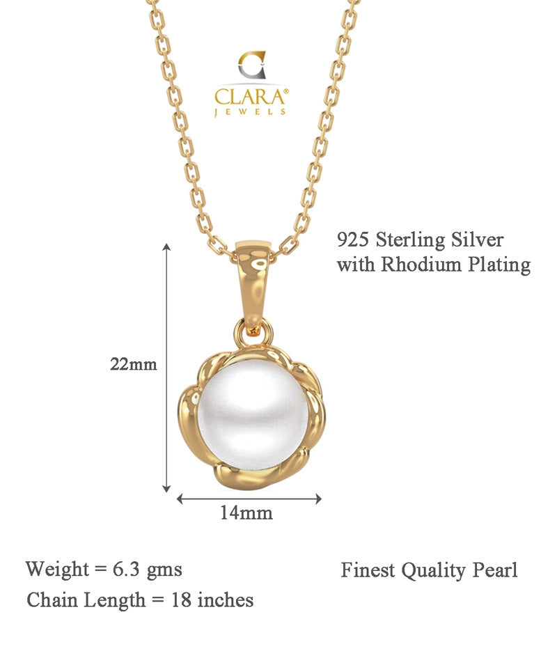 CLARA 925 Sterling Silver Real Pearl Aki Pendant With Chain Necklace | Gold Rhodium Plated | Gift for Women & Girls