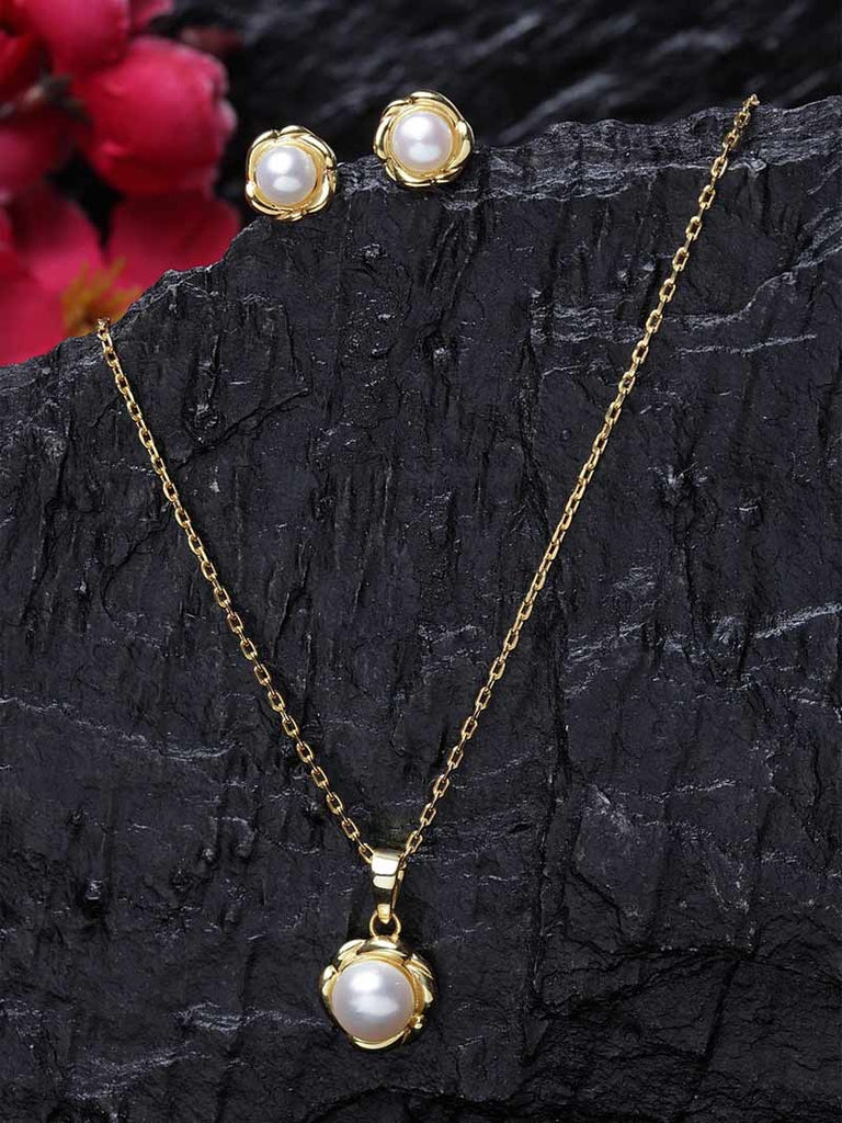 CLARA 925 Sterling Silver Real Pearl Aki Pendant Earring Chain Jewellery Set | Gold Rhodium Plated | Gift for Women & Girls