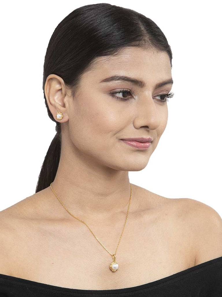 CLARA 925 Sterling Silver Real Pearl Aki Pendant Earring Chain Jewellery Set | Gold Rhodium Plated | Gift for Women & Girls