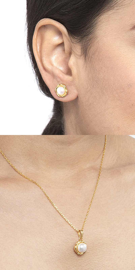 CLARA 925 Sterling Silver Real Pearl Aki Pendant Earring Chain Jewellery Set | Gold Rhodium Plated | Gift for Women & Girls