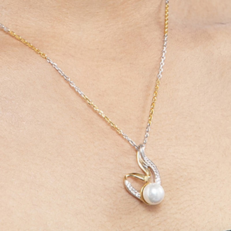 CLARA 925 Sterling Silver Pearl Asuka Pendant Earring Chain Jewellery Set | Gold Rhodium Plated, Swiss Zirconia | Gift for Women & Girls
