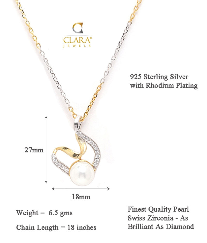 CLARA 925 Sterling Silver Pearl Asuka Pendant Earring Chain Jewellery Set | Gold Rhodium Plated, Swiss Zirconia | Gift for Women & Girls