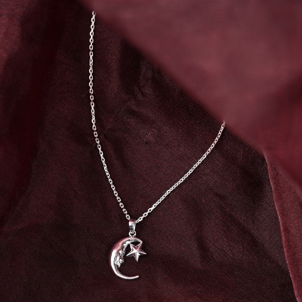 Silver Nadra Moon & Star Pendant Chain Necklace