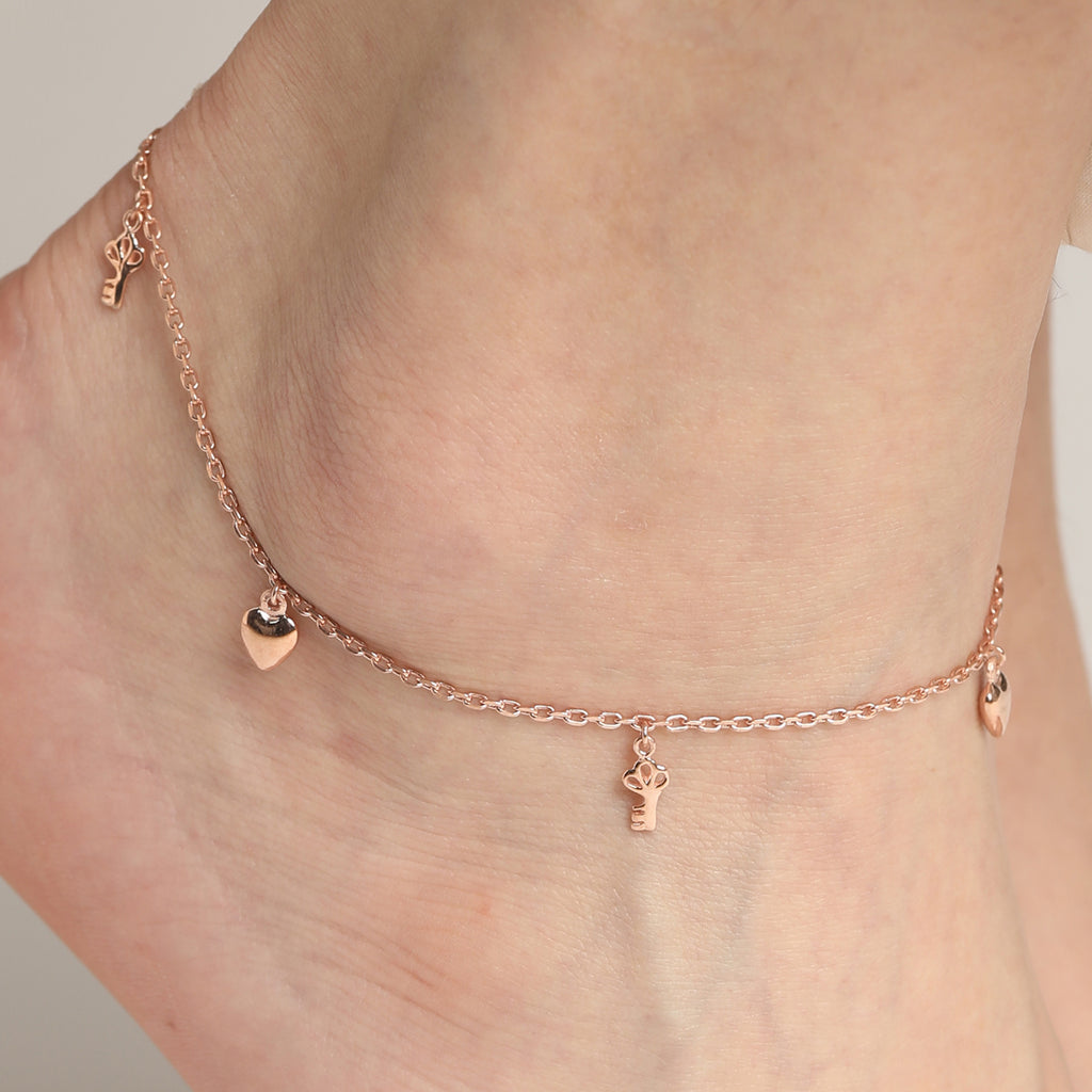 CLARA 925 Sterling Silver Heart & Key Anklet Payal ( Single ) Adjustable Chain, Rose Gold Plated Gift for Women and Girls