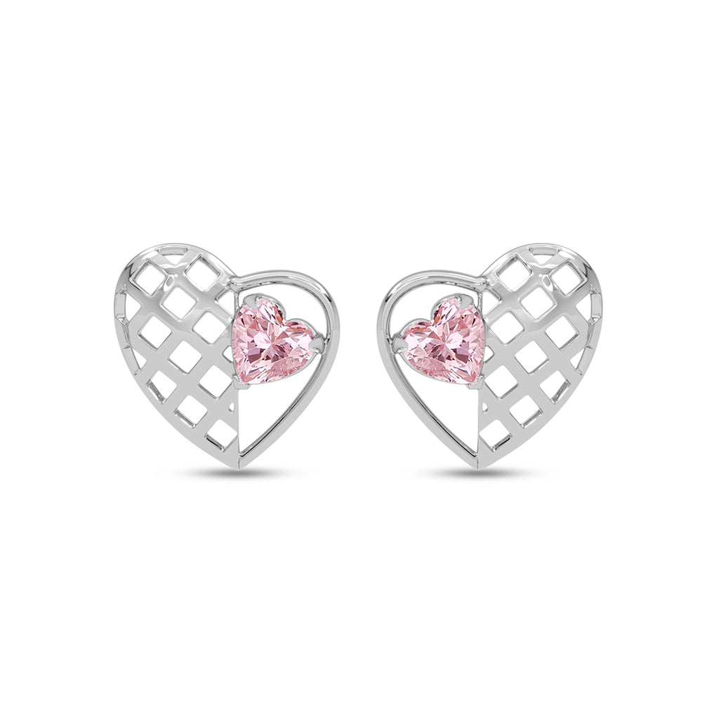 Silver Iris Pink Heart Stud Earrings