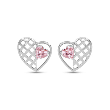 Silver Iris Pink Heart Stud Earrings