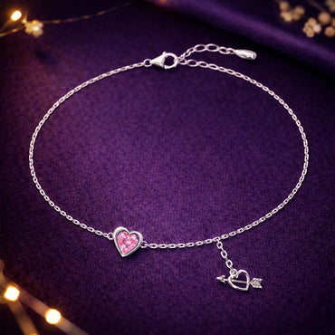 Silver Pink Heart Anklet Payal (Single)