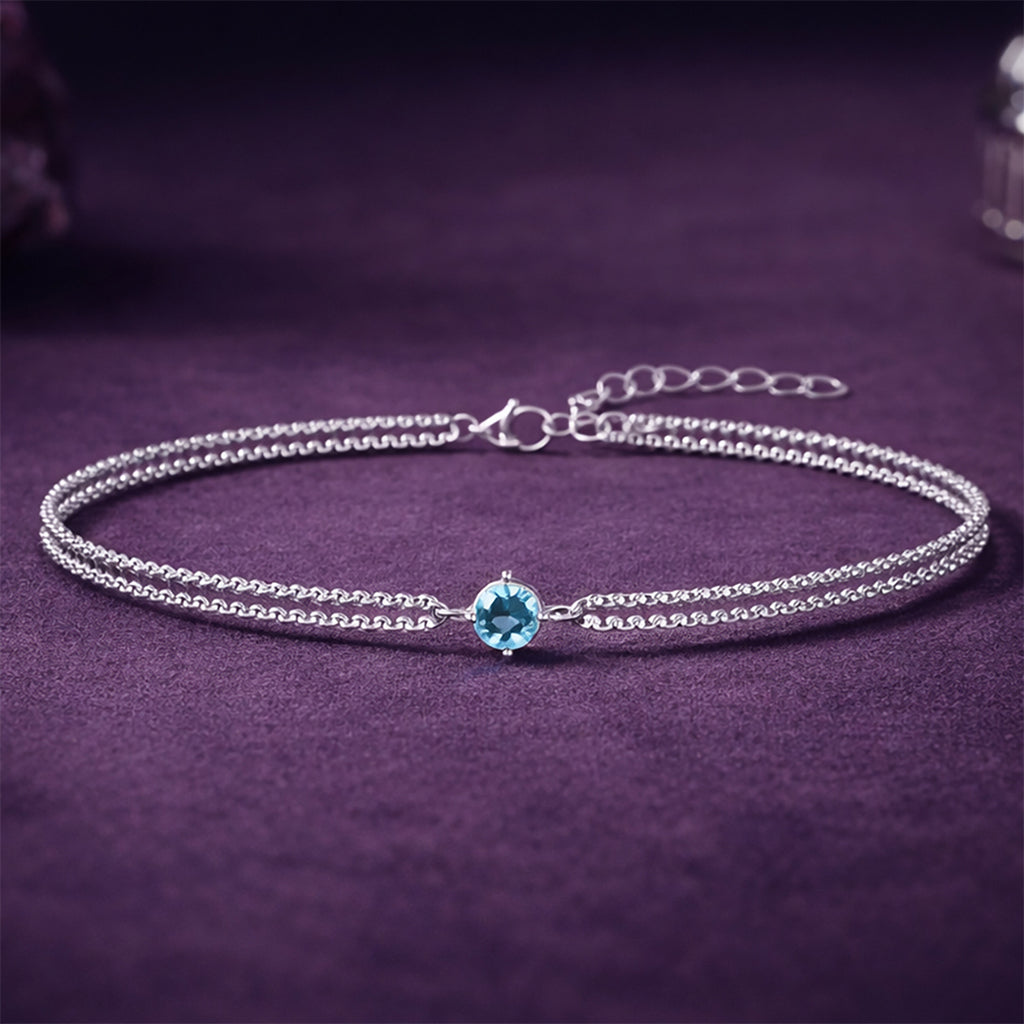 Silver Sky Blue Solitaire Double Chain Bracelet
