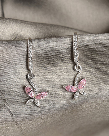 Silver Pink Butterfly Drop Earrings