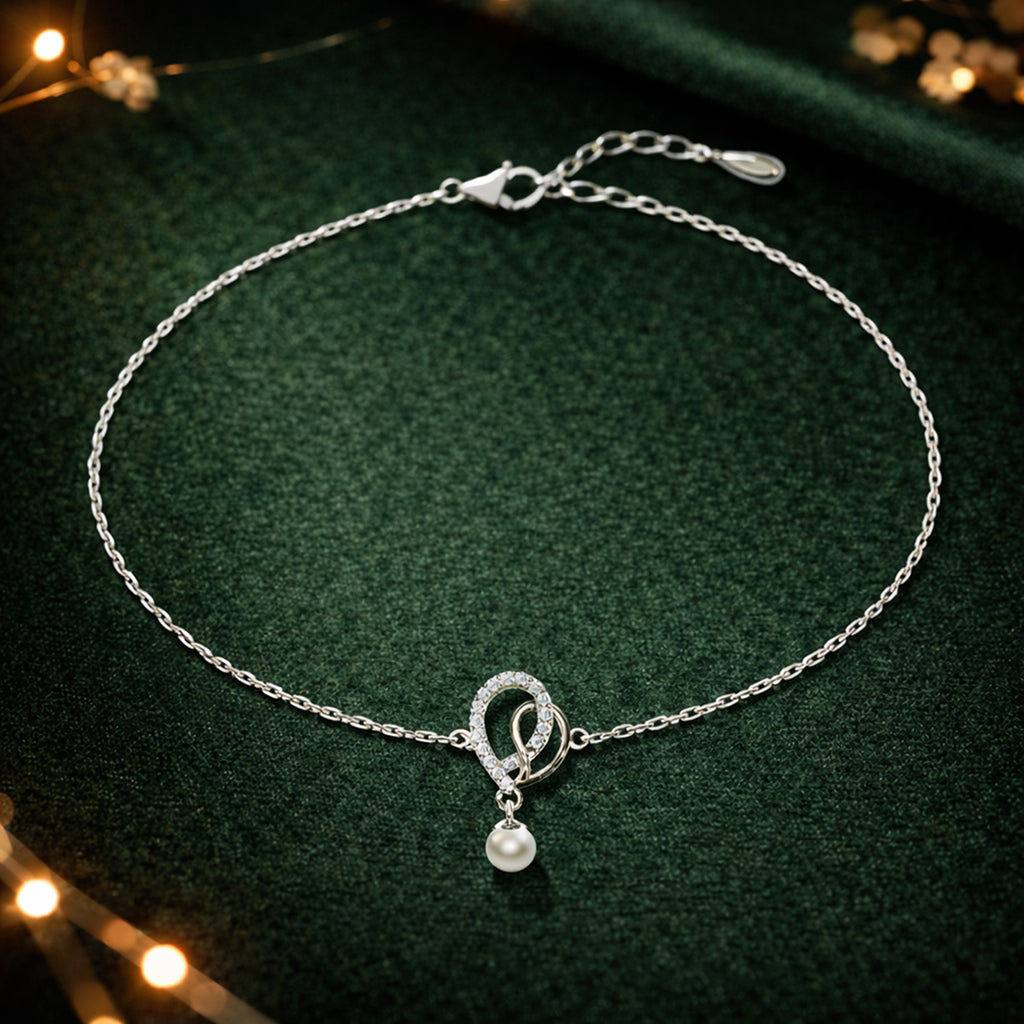 Silver Zahab Pearl Interlocked Anklet Payal (Single)