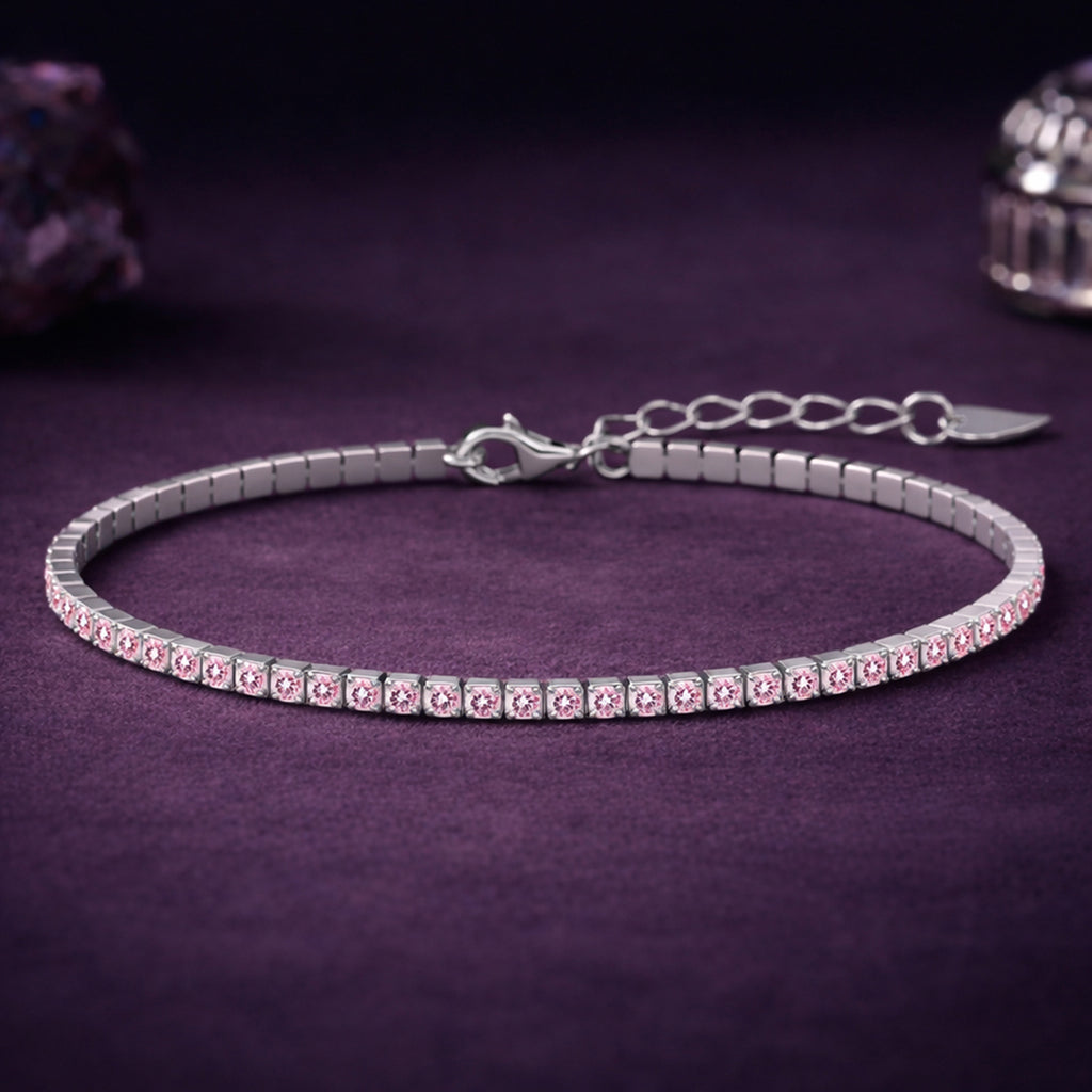 Silver Pink Slim Tennis 2mm Bracelet