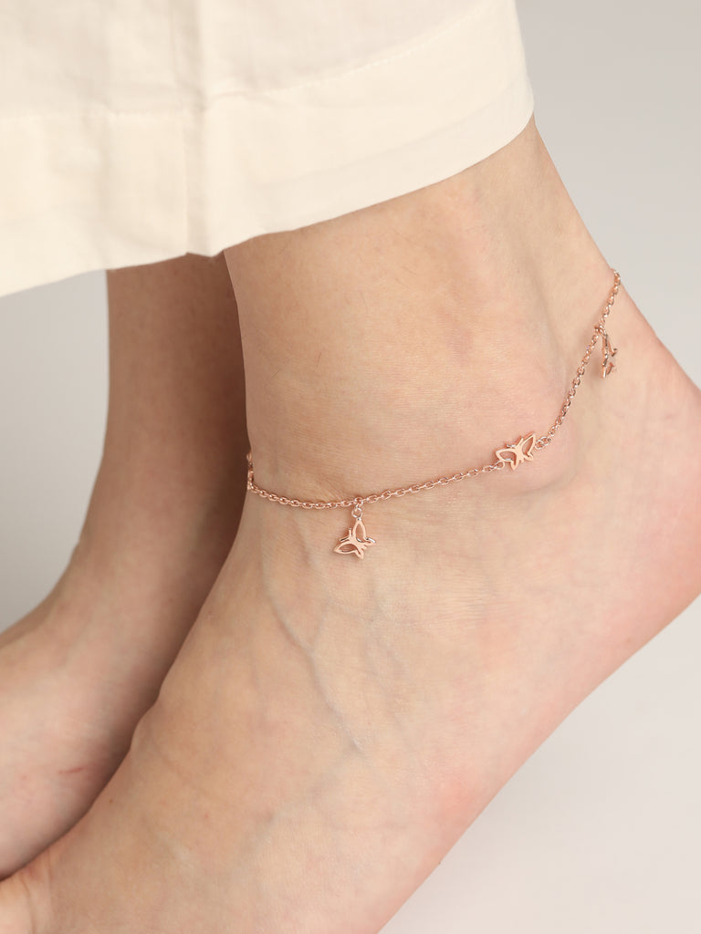 CLARA 925 Sterling Silver Butterfly Anklet Payal ( Single ) Adjustable Chain, Rose Gold Plated Gift for Women and Girls
