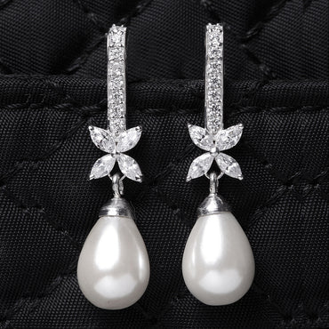 CLARA 925 Sterling Silver Pearl Hina Earrings | Rhodium Plated, Swiss Zirconia , Screw Back | Gift for Women & Girls