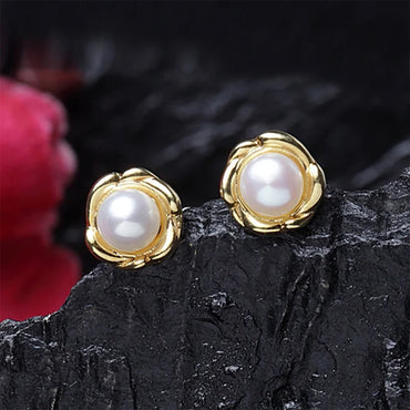 CLARA 925 Sterling Silver Real Pearl Stud Aki Earrings | Gold Rhodium Plated, Screw Back | Gift for Women & Girls