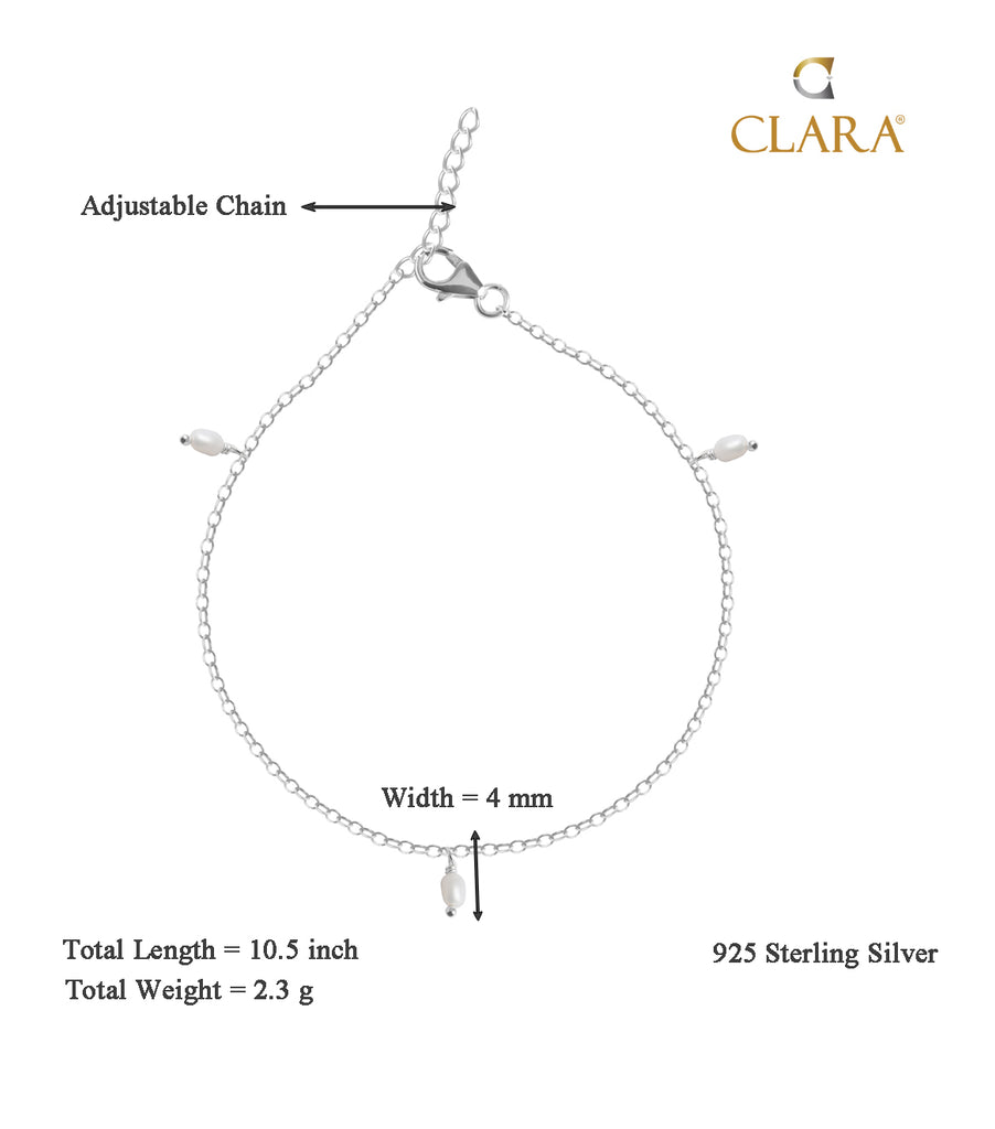CLARA 925 Sterling Silver Dainty Pearl Anklet Payal ( Single ) Adjustable Chain Gift for Women and Girls