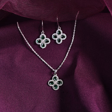 Silver Green Flower Jewellery Set