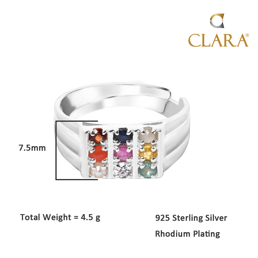 Clara 92.5 Sterling Silver Natural Certified Navaratna Stone Original 9 gems Adjustable Ring for Men and Boys
