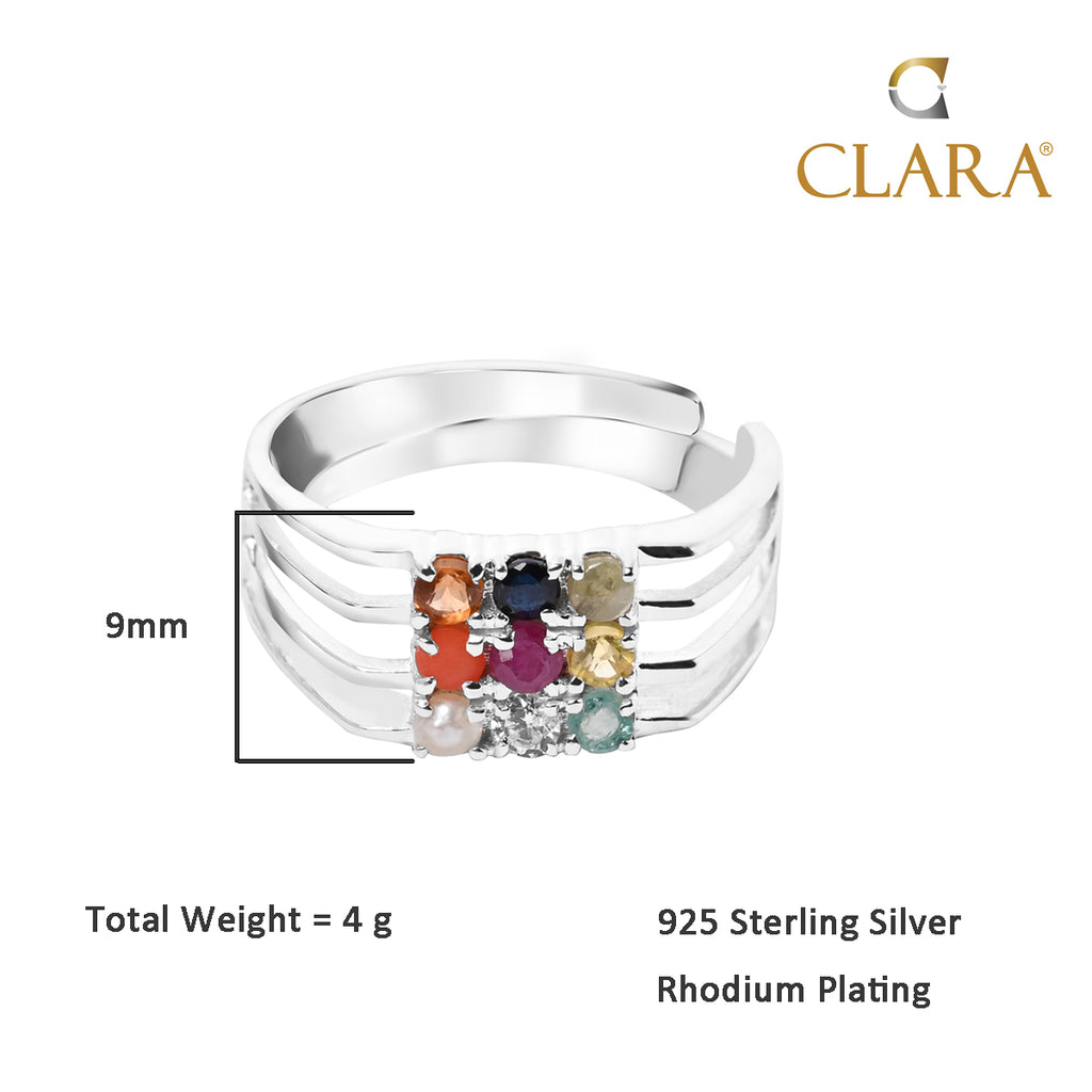 Clara 92.5 Sterling Silver Natural Certified Navratna Stone Nine Planets Adjustable Ring for Men and Boys