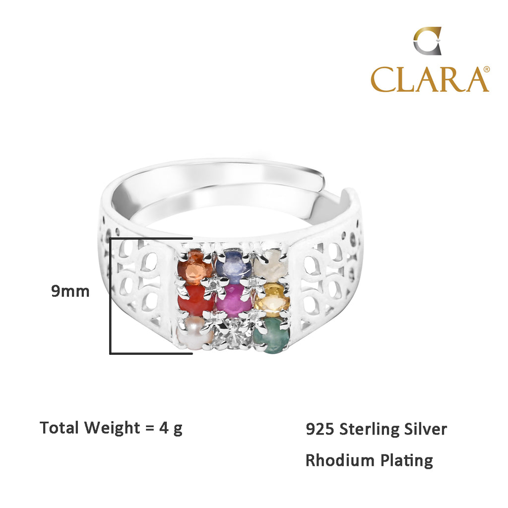 Clara 925 Sterling Silver Natural Certified Navratna Stone Nine gems Adjustable Ring for Men and Boys