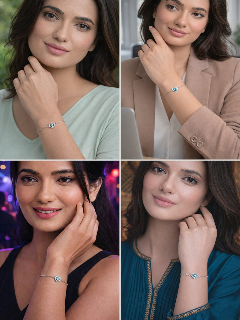 Silver Sky Blue Heart Bracelet