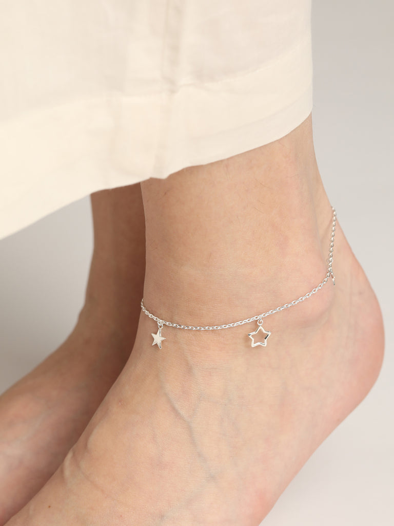 CLARA 925 Sterling Silver Bunch of Star Anklet Payal ( Single ) Adjustable Chain Gift for Women and Girls