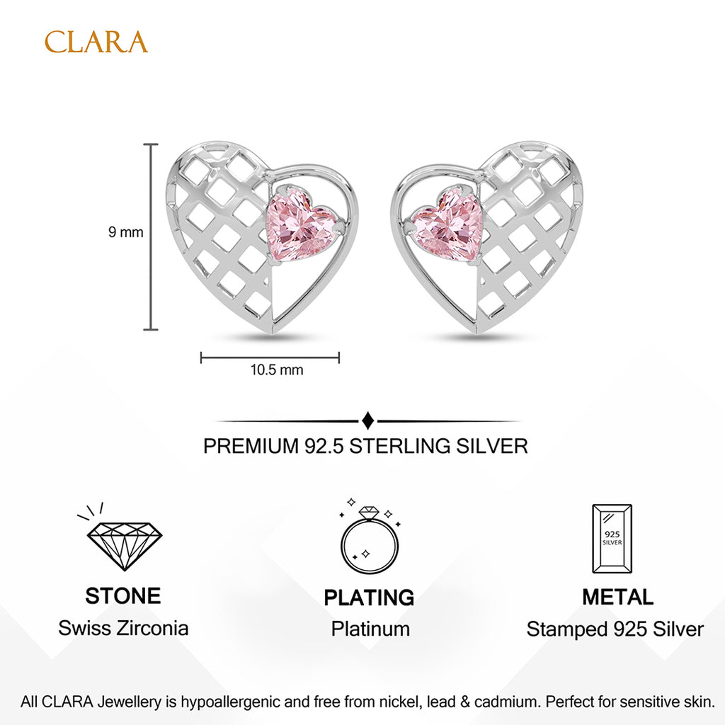 Silver Iris Pink Heart Stud Earrings